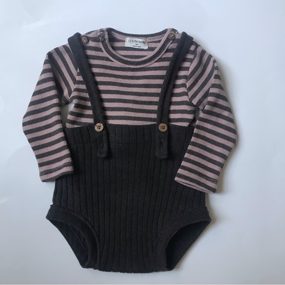 1+ In The Family Gray Striped Onesie and Romper Set, Size 12 months.